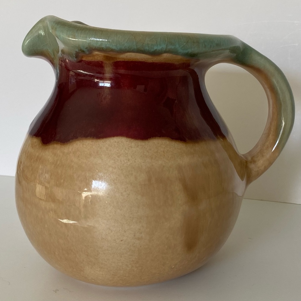 Art Pottery Pitcher Dan Lasser Signed Vermont Glaze Red Tulip 6.25” Green Beige